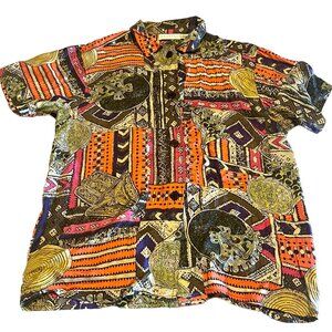 Vintage Restless Clothiers Women's Silk Aztec Print Shirt Short Sleeve Size L
